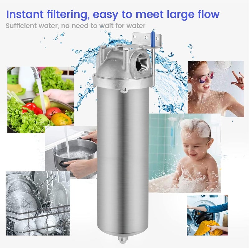Amwater NSF/ANSI 42 Stainless Steel Whole House Water Filter Housing, 10" x 2.5" Sediment Water Filter System for Heavy Duty, Well & City Water, 3/4" NPT Port, Drain Valve Style C - Image 2